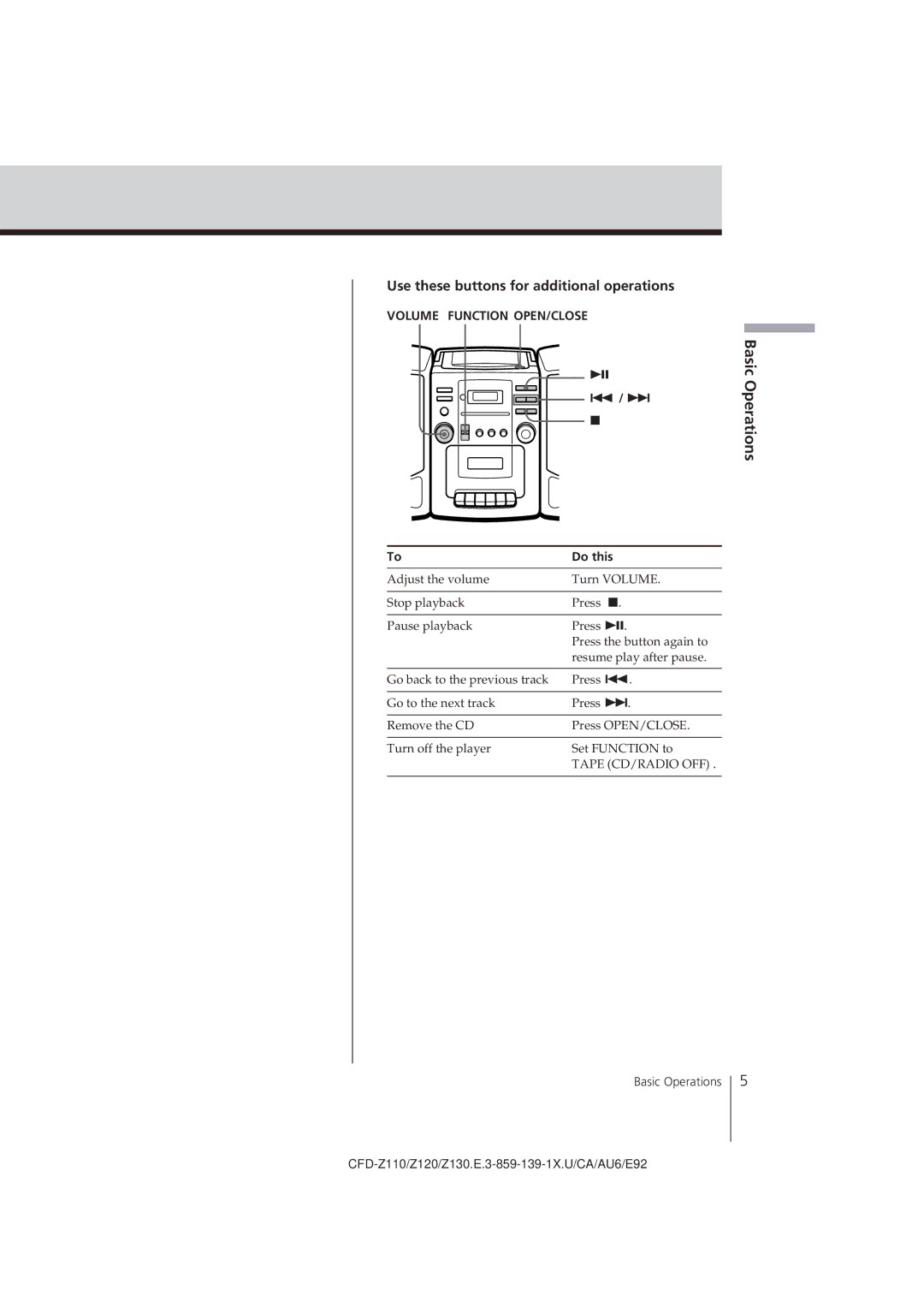 Sony CFD-Z120 operating instructions Basic Operations, Use these buttons for additional operations, Do this 