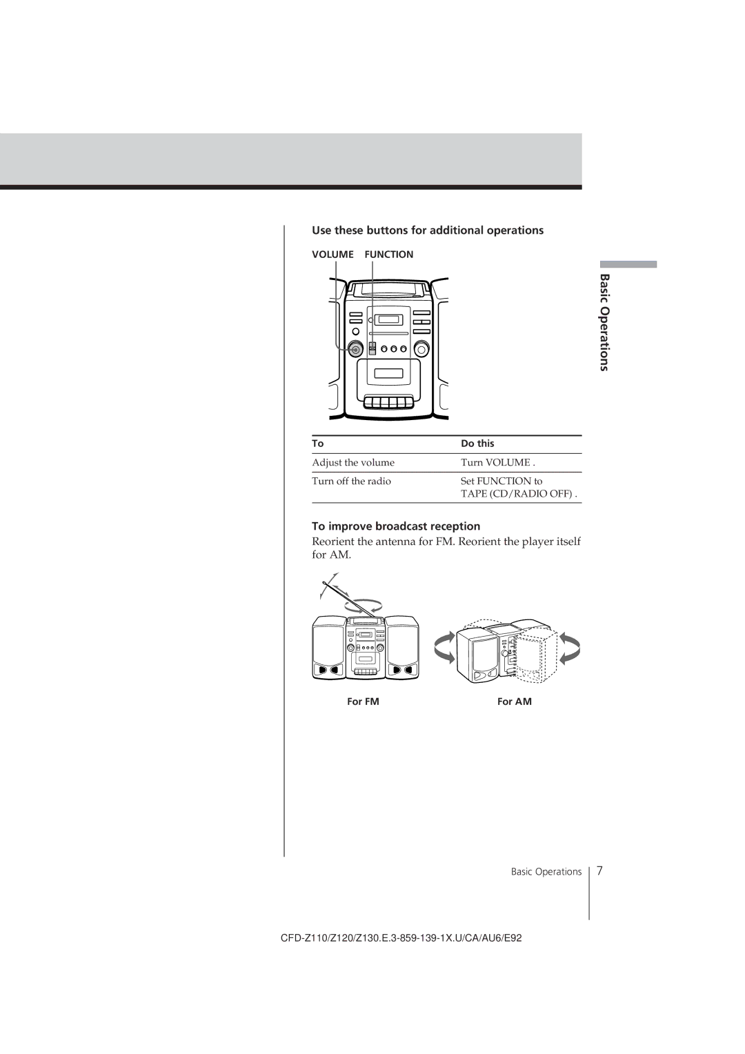 Sony CFD-Z120 operating instructions To improve broadcast reception, For FM 