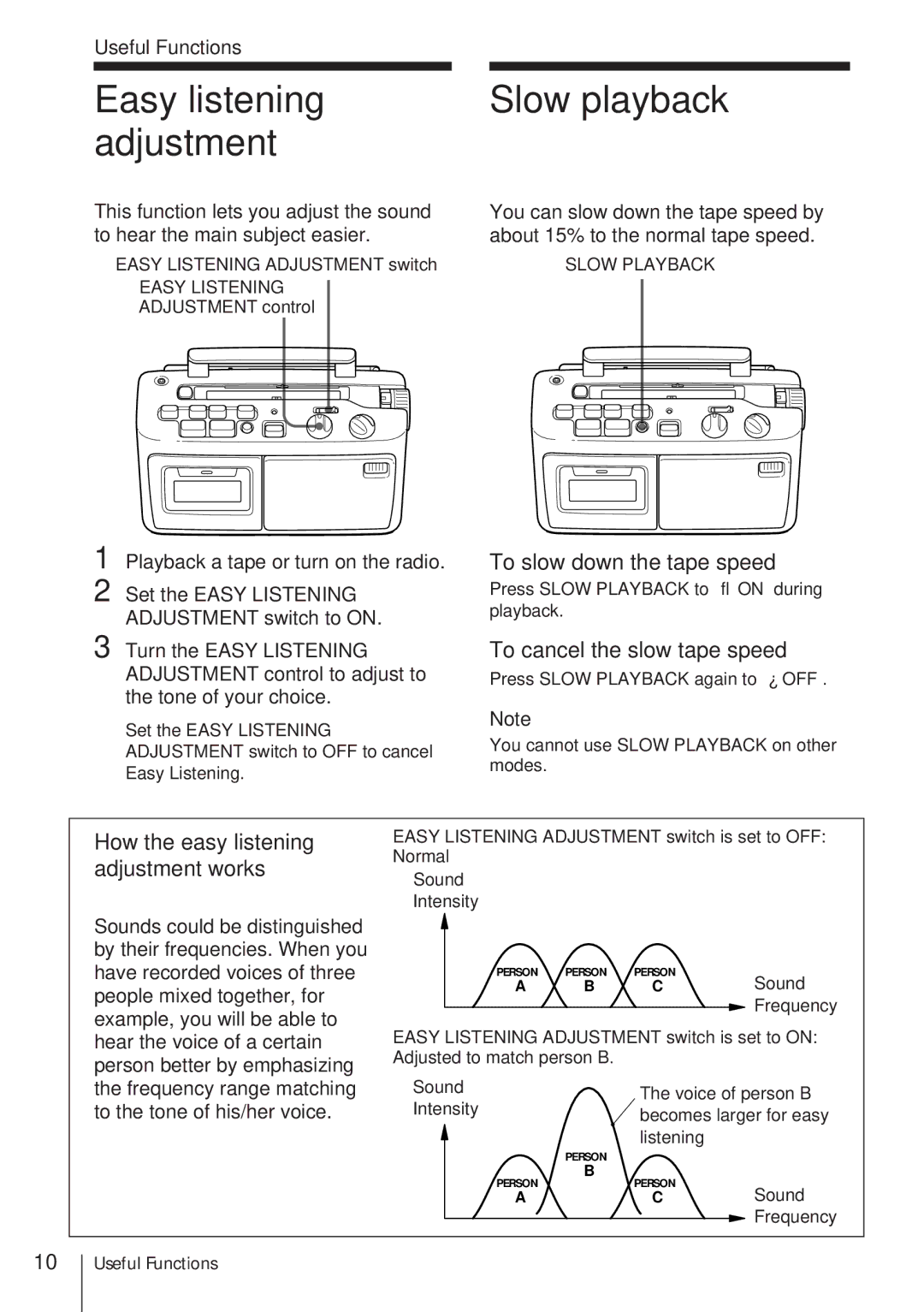 Sony CFM-A50 Slow playback, To slow down the tape speed, To cancel the slow tape speed, How the easy listening 