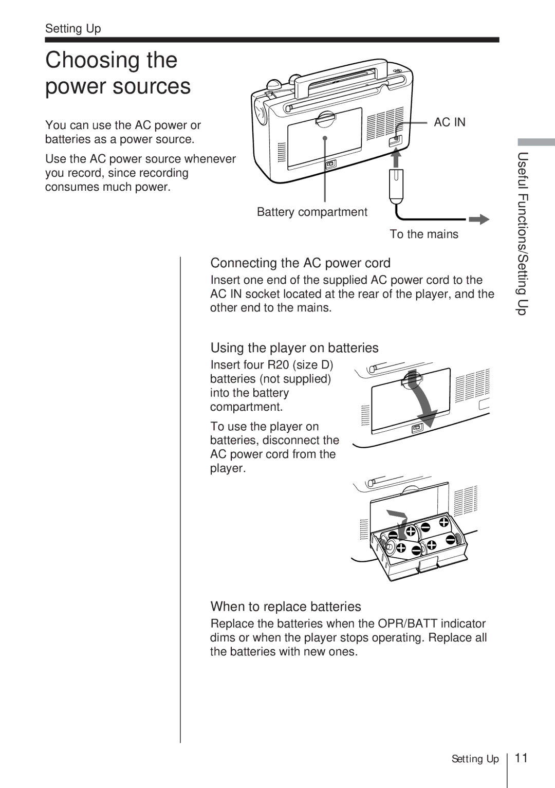 Sony CFM-A50 operating instructions Choosing the power sources, Connecting the AC power cord, Using the player on batteries 