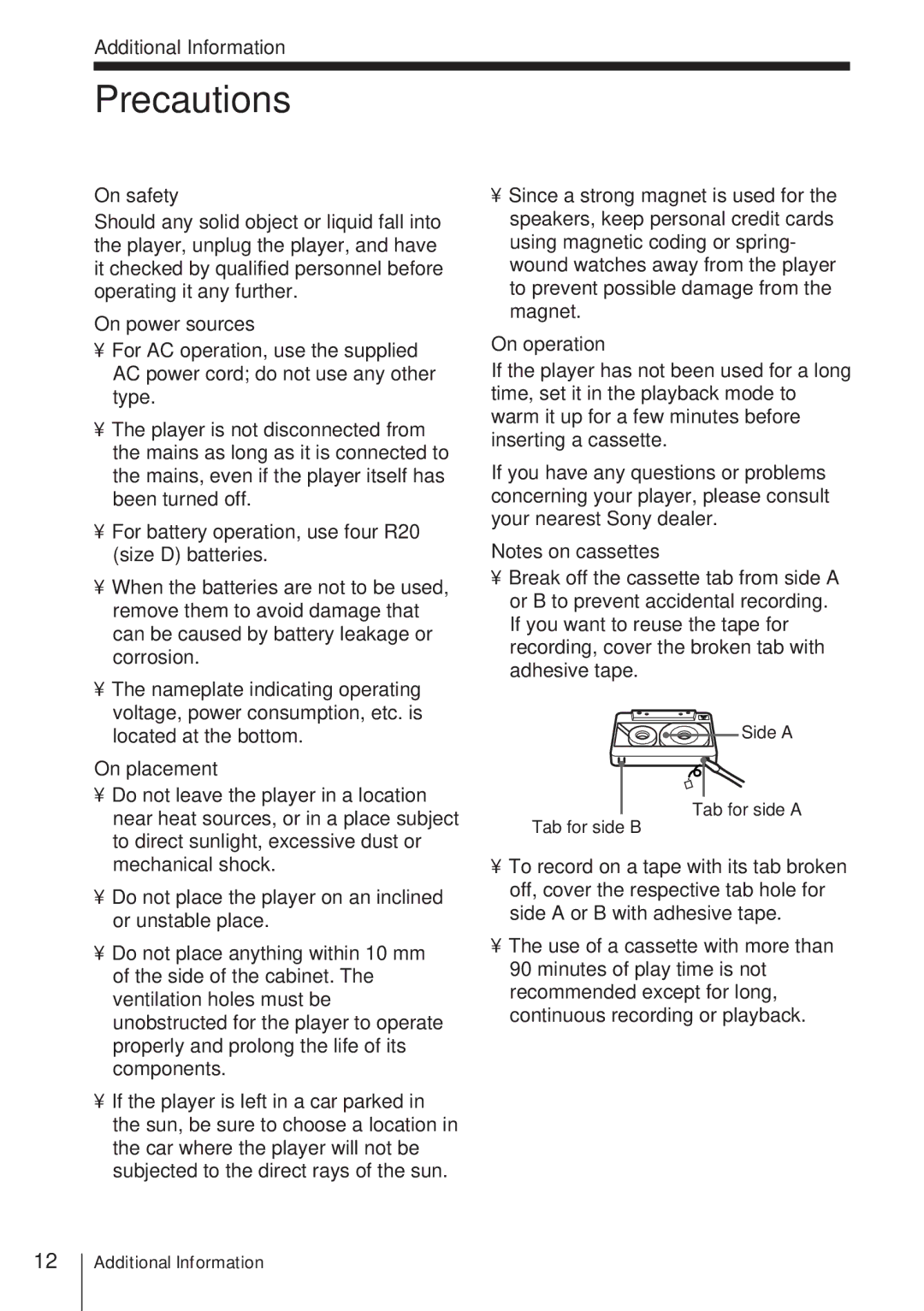 Sony CFM-A50 operating instructions Precautions 