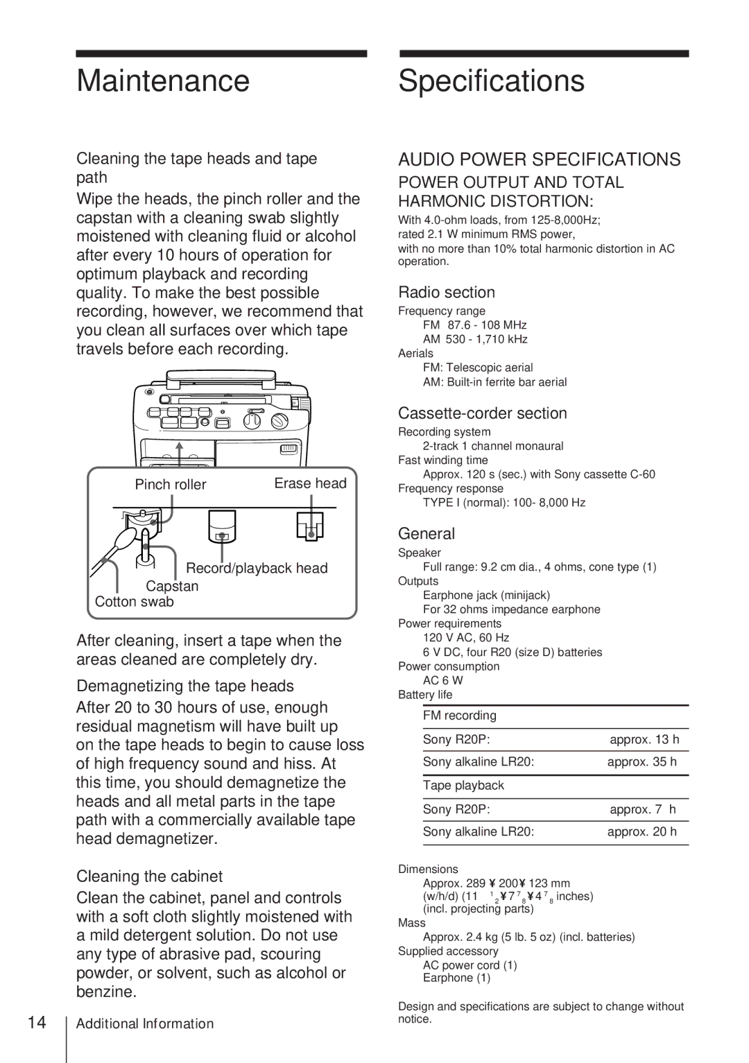 Sony CFM-A50 operating instructions Maintenance, Specifications 