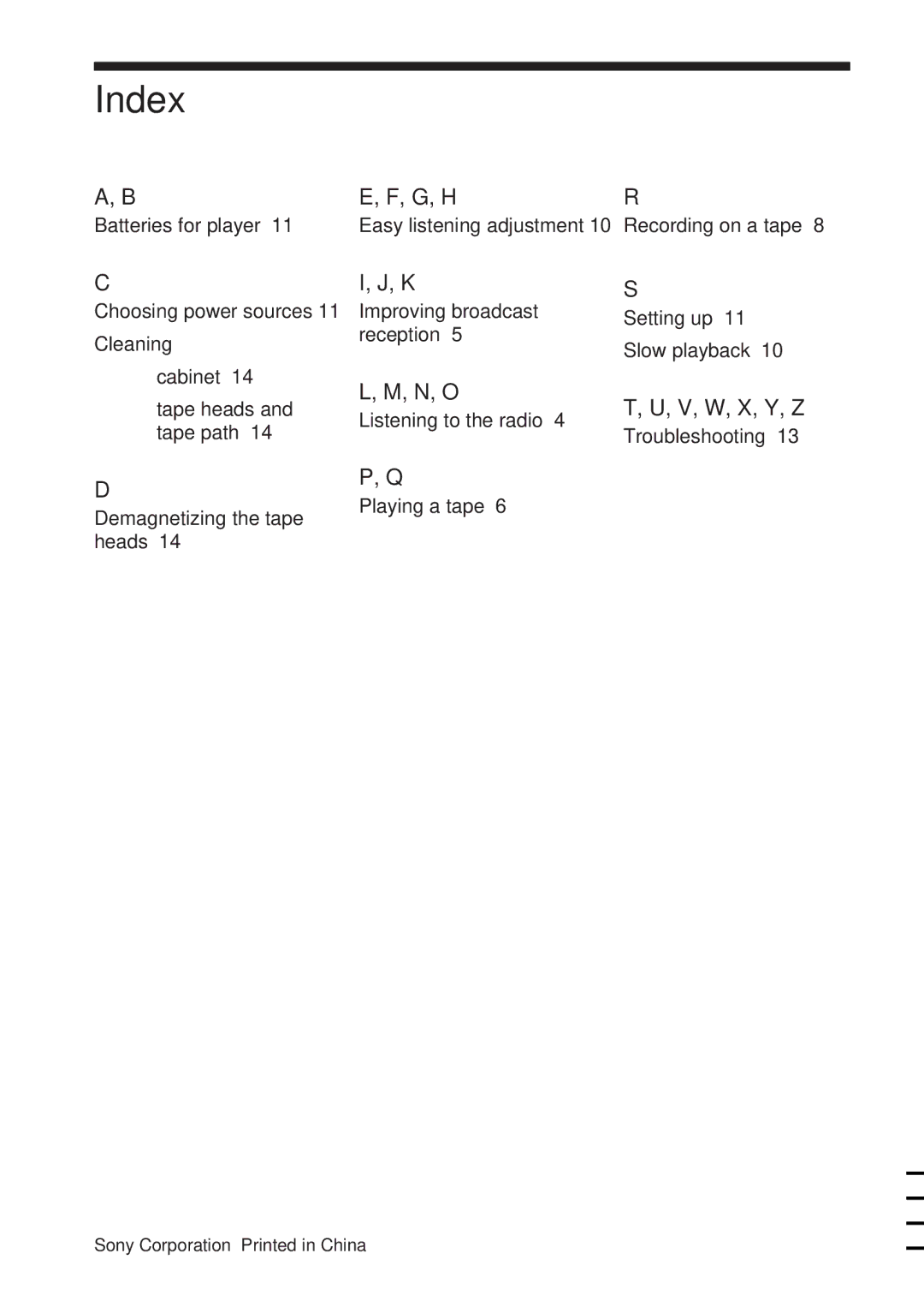 Sony CFM-A50 operating instructions Index, G, H, N, O, V, W, X, Y, Z 