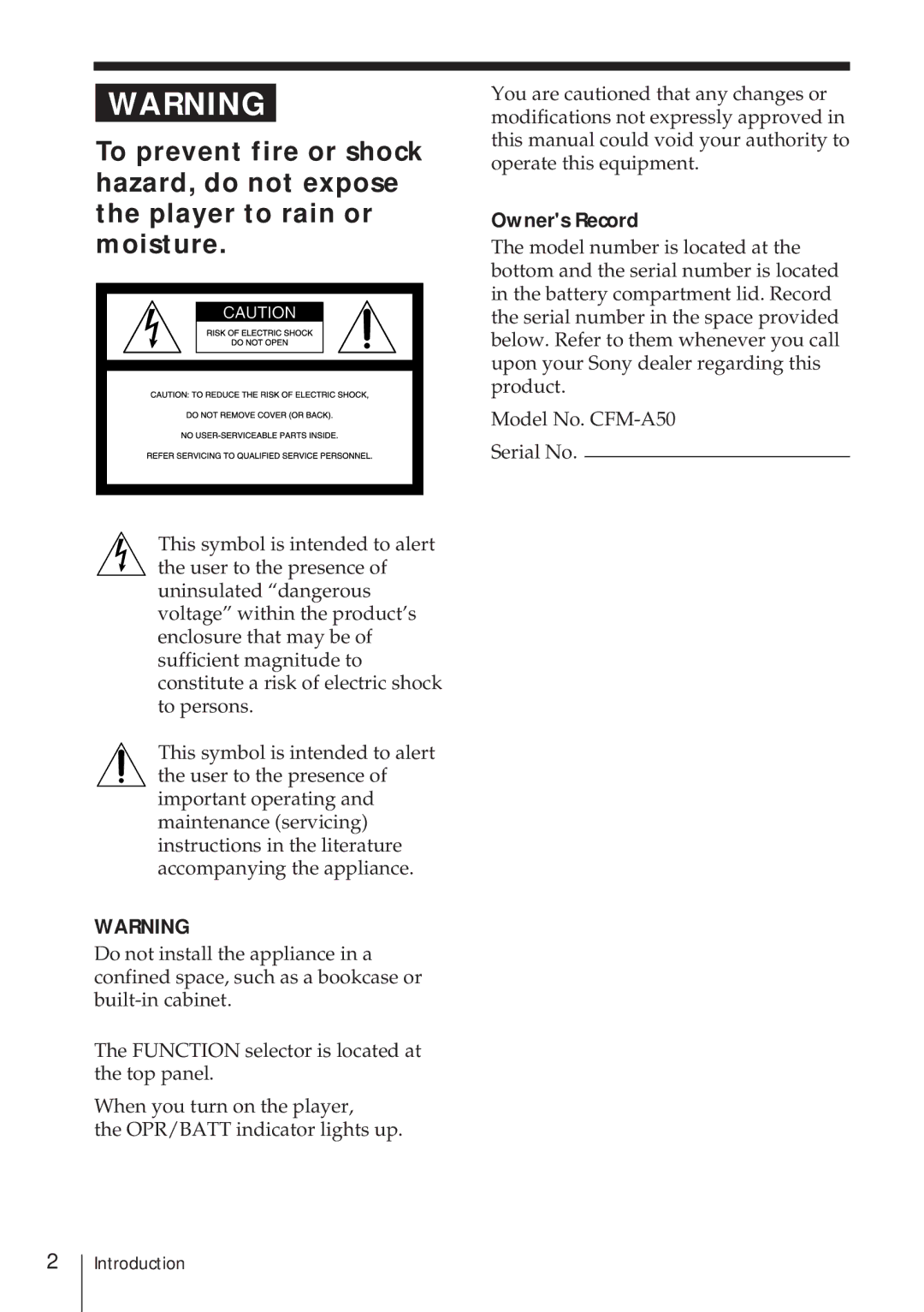 Sony CFM-A50 operating instructions Owners Record 