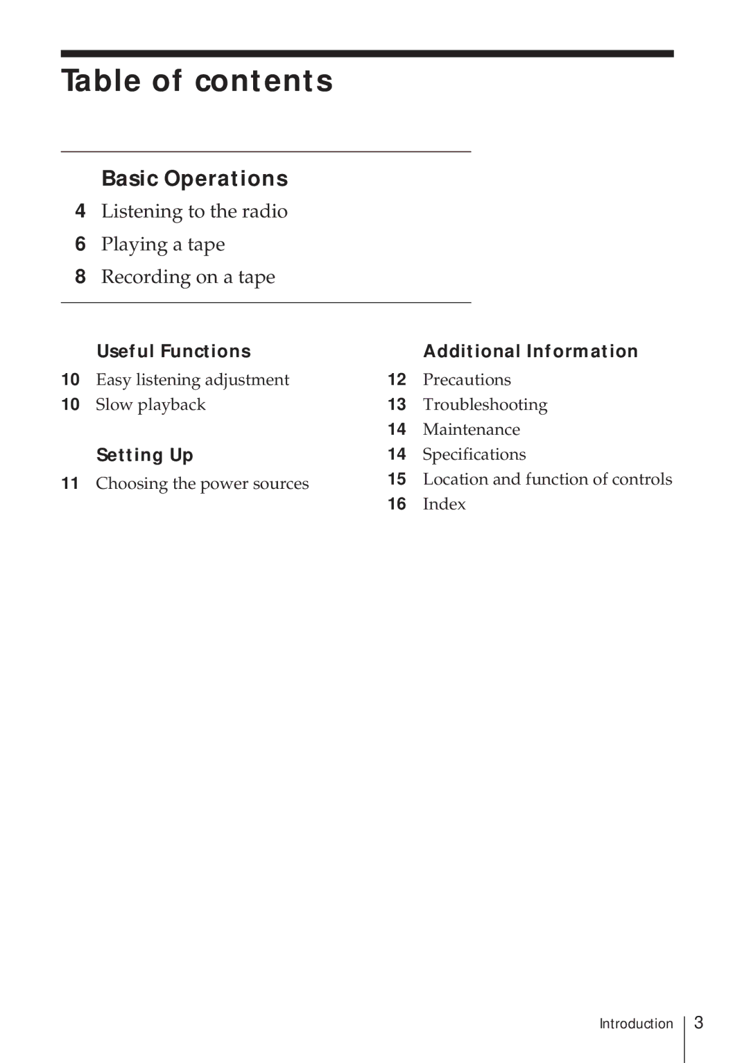 Sony CFM-A50 operating instructions Table of contents 