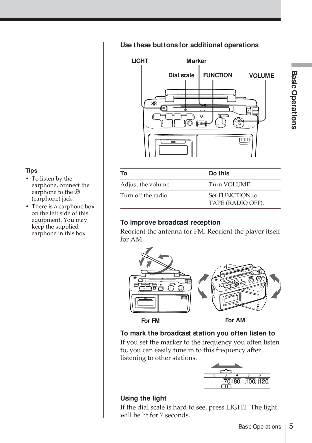 Sony CFM-A50 Use these buttons for additional operations, To improve broadcast reception, Using the light 