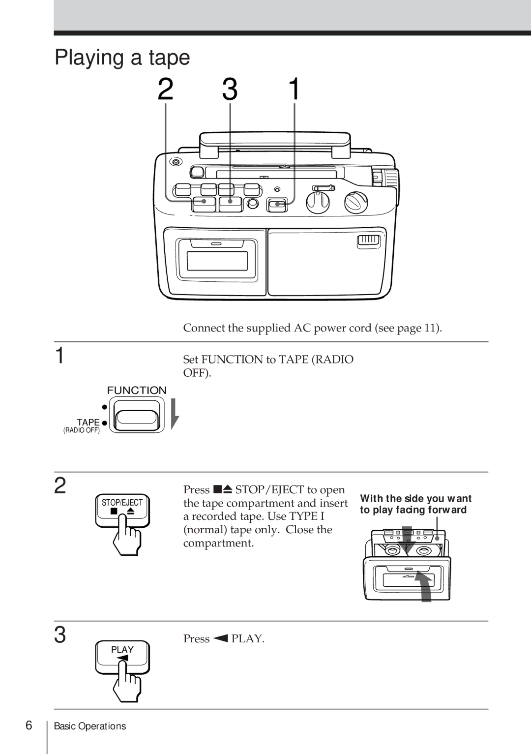 Sony CFM-A50 operating instructions Playing a tape 