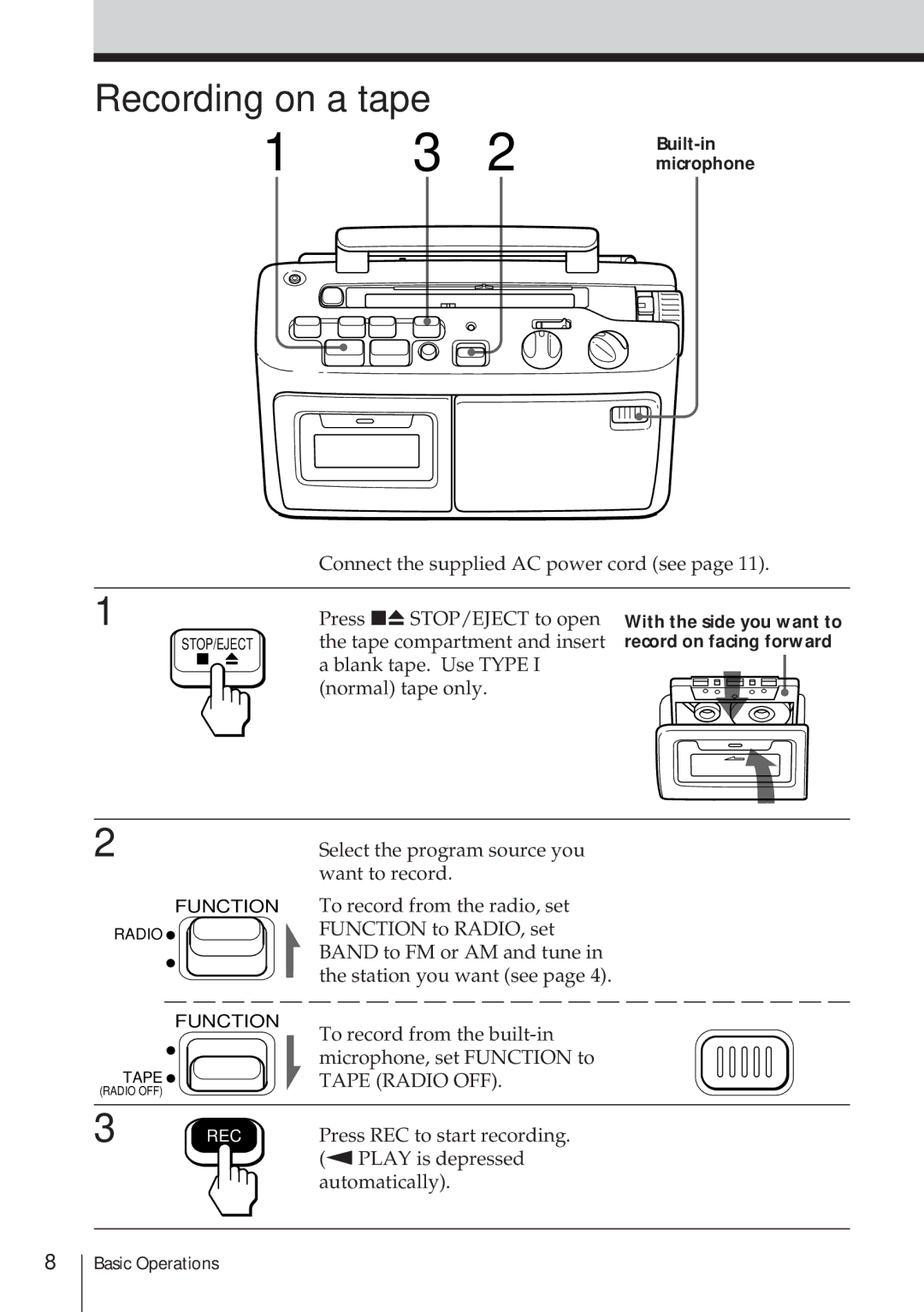 Sony CFM-A50 operating instructions Recording on a tape 