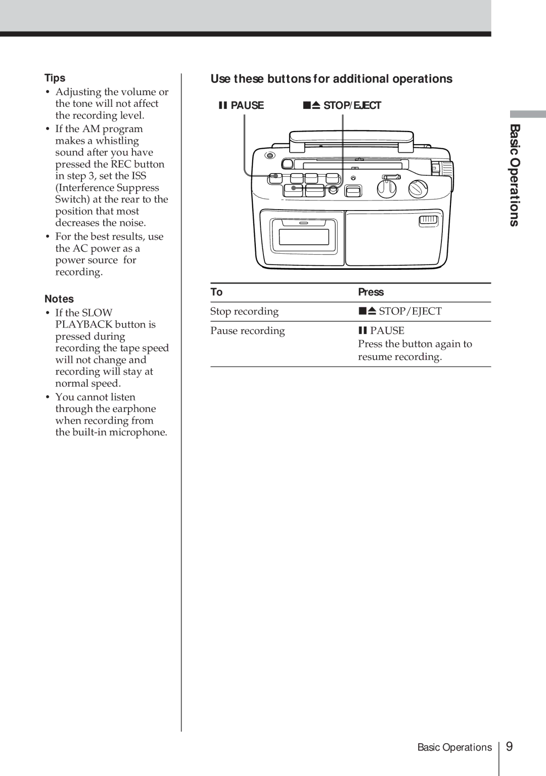 Sony CFM-A50 operating instructions Tips, Press 