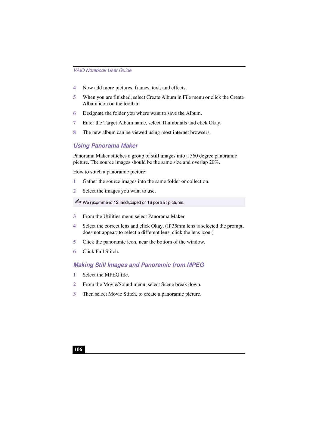 Sony CG-FX120K manual Using Panorama Maker, Making Still Images and Panoramic from Mpeg, 106 