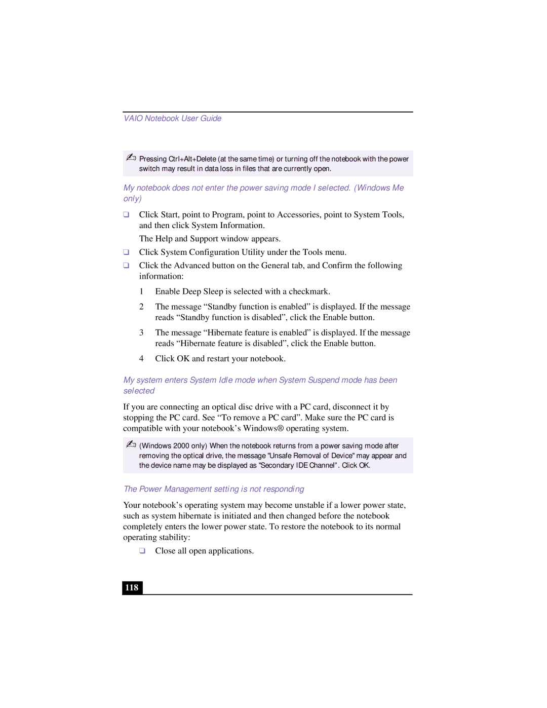 Sony CG-FX120K manual Power Management setting is not responding, 118 