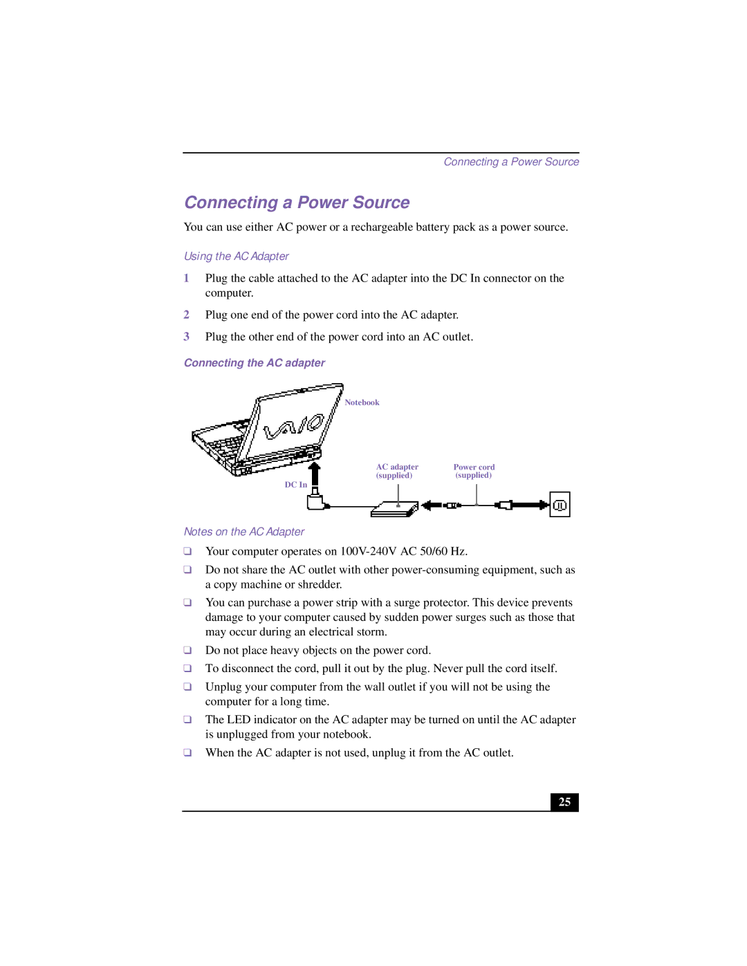 Sony CG-FX120K manual Connecting a Power Source, Using the AC Adapter, Connecting the AC adapter 