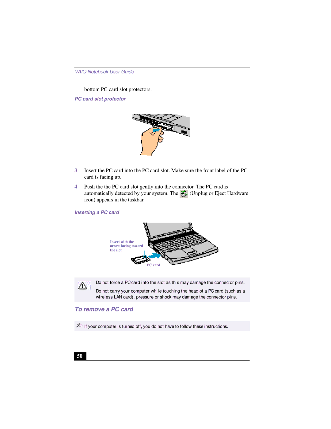 Sony CG-FX120K manual To remove a PC card, PC card slot protector, Inserting a PC card 