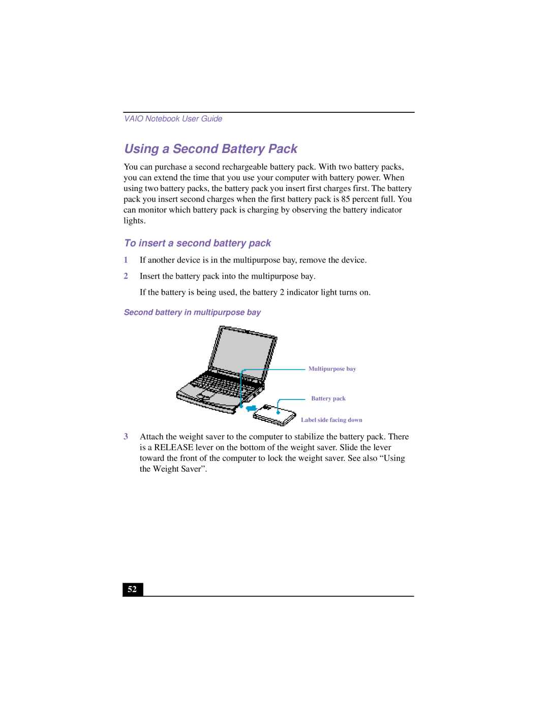 Sony CG-FX120K manual Using a Second Battery Pack, To insert a second battery pack, Second battery in multipurpose bay 