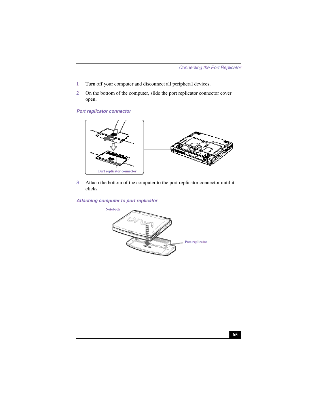 Sony CG-FX120K manual Port replicator connector, Attaching computer to port replicator 