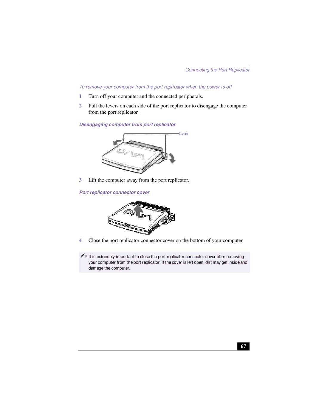 Sony CG-FX120K manual Disengaging computer from port replicator, Port replicator connector cover 