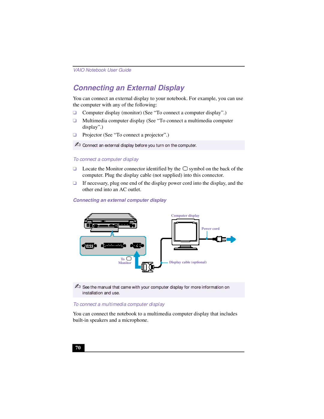 Sony CG-FX120 Connecting an External Display, To connect a computer display, To connect a multimedia computer display 