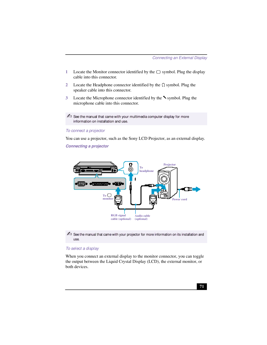 Sony CG-FX120K manual To connect a projector, To select a display, Connecting a projector 