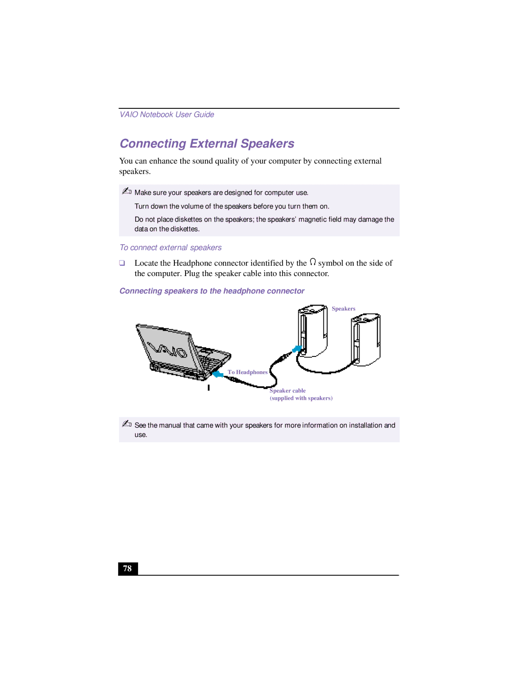 Sony CG-FX120 Connecting External Speakers, To connect external speakers, Connecting speakers to the headphone connector 