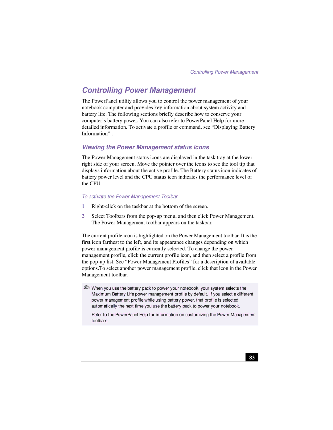 Sony CG-FX120K manual Controlling Power Management, Viewing the Power Management status icons 