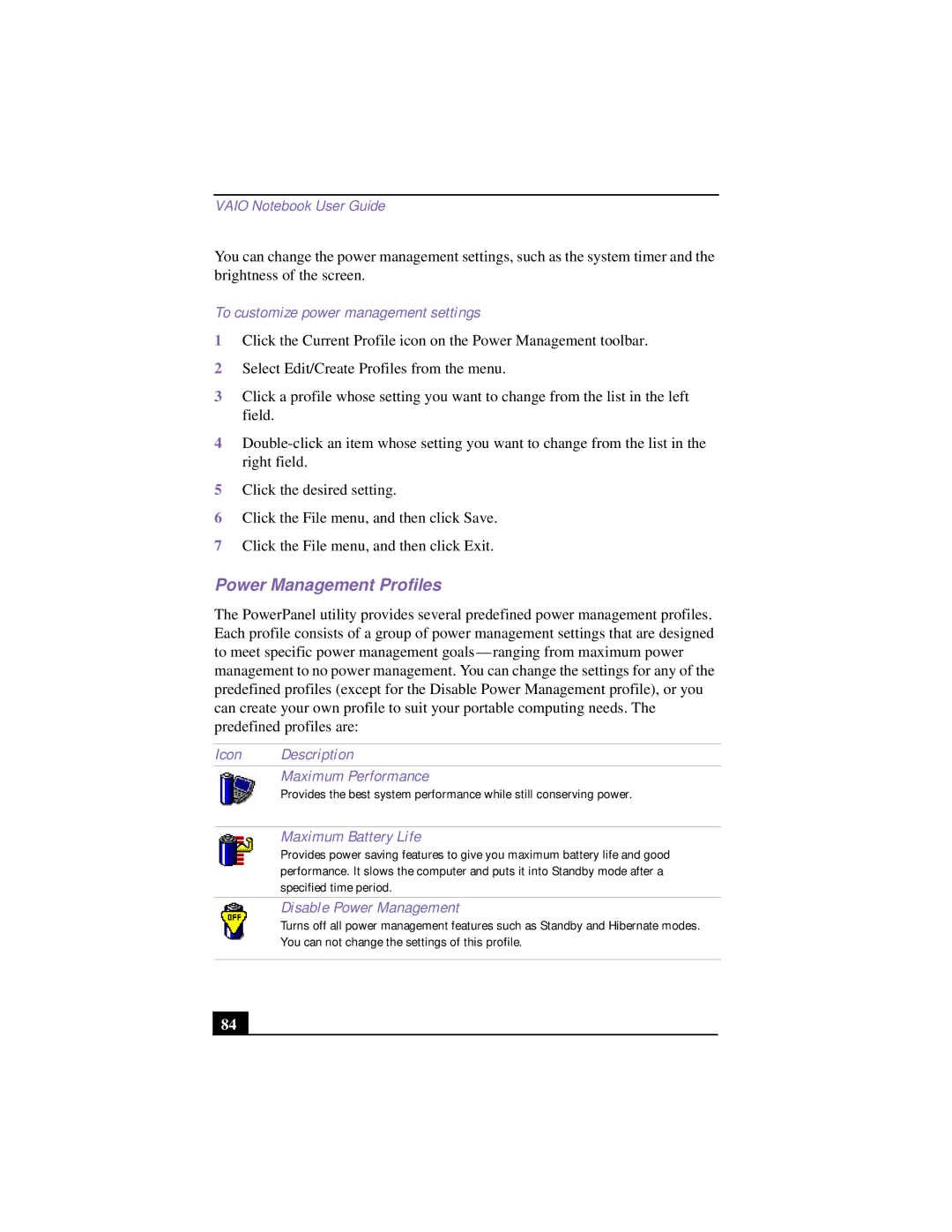 Sony CG-FX120 Power Management Profiles, To customize power management settings, Icon Description Maximum Performance 