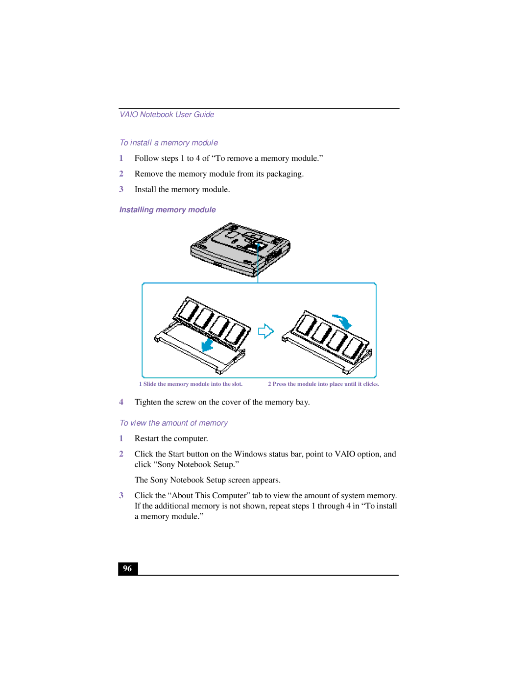 Sony CG-FX120K manual To install a memory module, To view the amount of memory, Installing memory module 