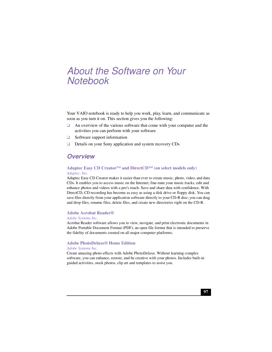 Sony CG-FX120K manual About the Software on Your Notebook, Overview 