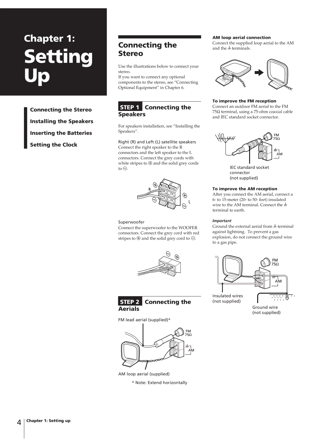 Sony CHC-P33D operating instructions Connecting Stereo, Connecting Speakers, Connecting Aerials 