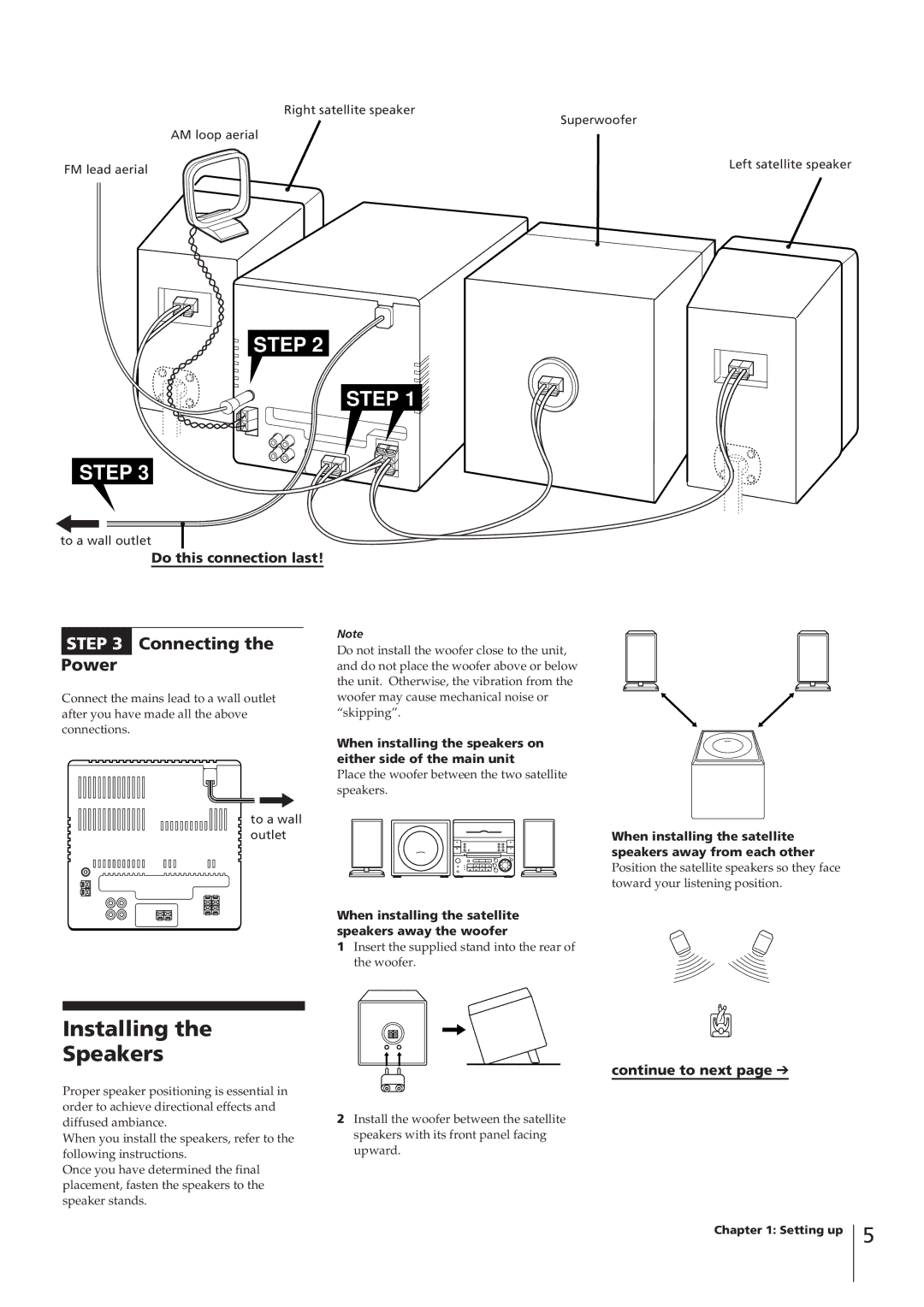 Sony CHC-P33D operating instructions Installing Speakers, Connecting Power, To a wall outlet 