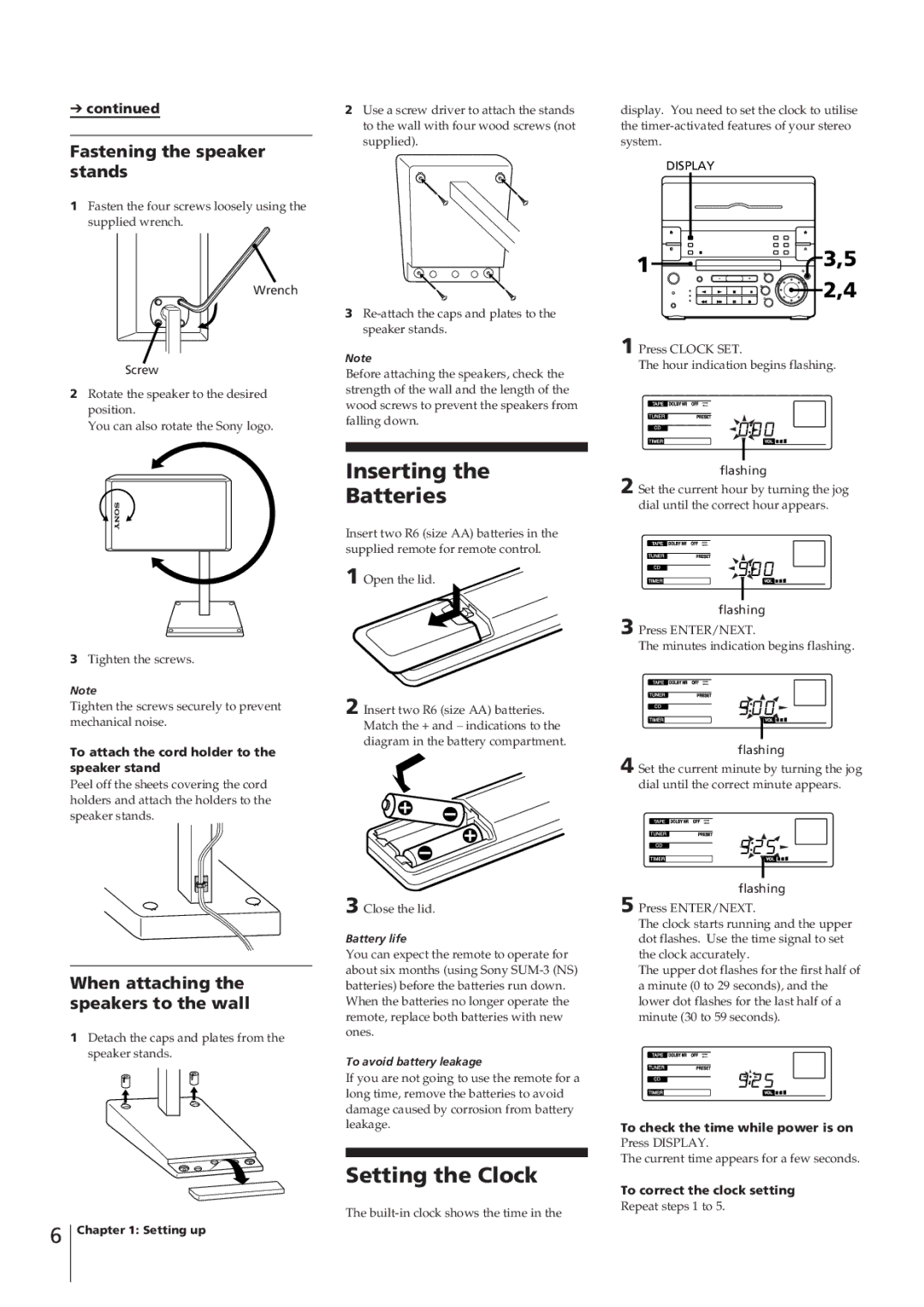 Sony CHC-P33D operating instructions 5 2,4, Inserting Batteries, Setting the Clock, Fastening the speaker stands 