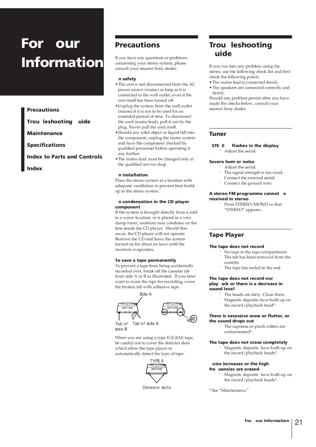 Sony CHC-P33D operating instructions Precautions, Troubleshooting Guide, Tuner, Tape Player 