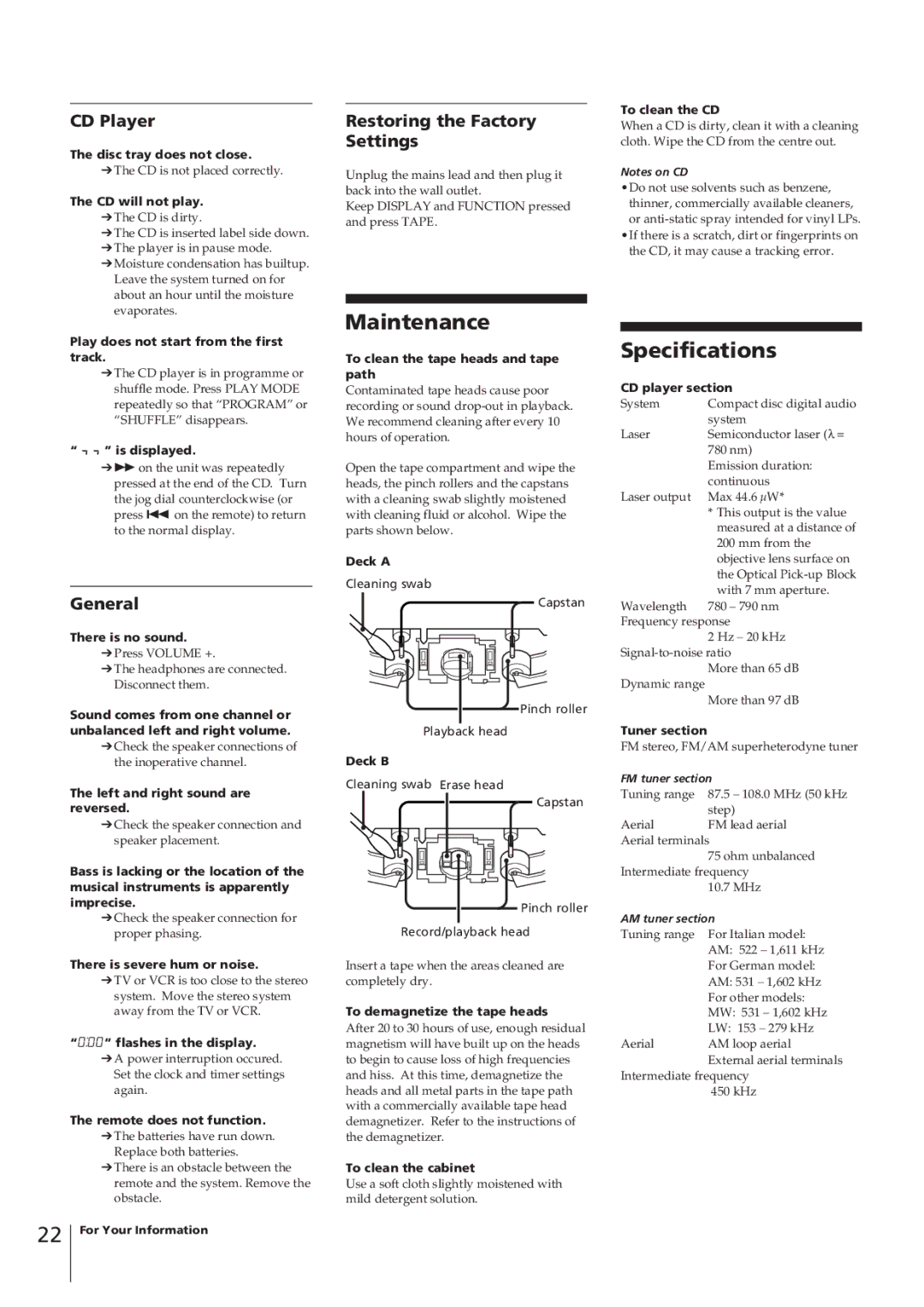 Sony CHC-P33D operating instructions Maintenance, Specifications, CD Player, Restoring the Factory Settings, General 