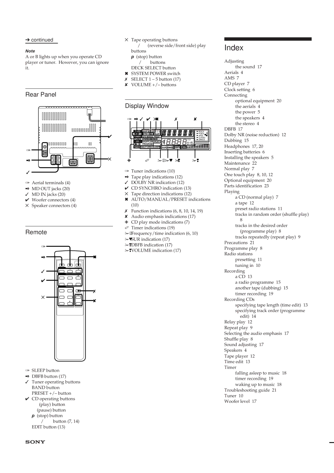 Sony CHC-P33D operating instructions Index, Rear Panel, Display Window, Remote 