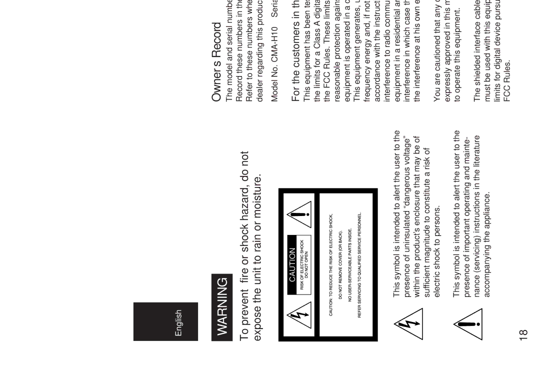 Sony CMA-H10 operating instructions Owner’s Record, For the customers in the U.S.A 