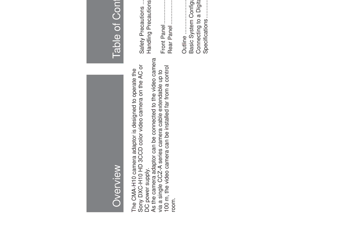 Sony CMA-H10 operating instructions Overview, Table of Contents 