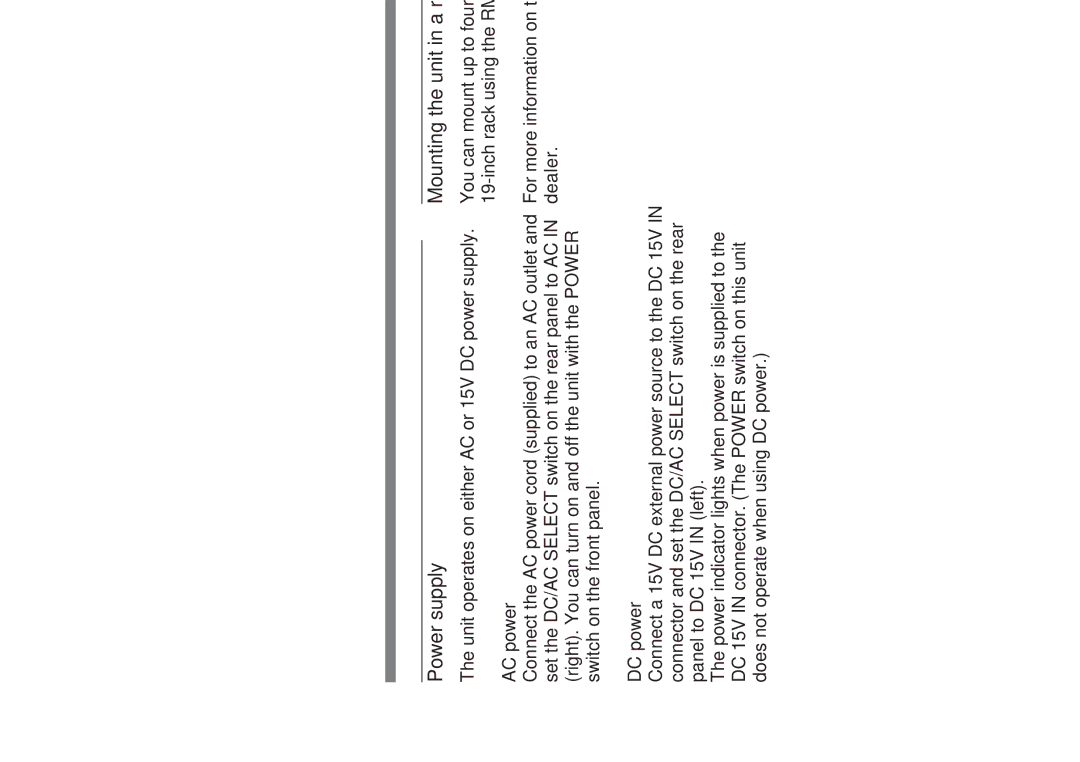 Sony CMA-H10 operating instructions Power supply, Mounting the unit in a rack, AC power, DC power 