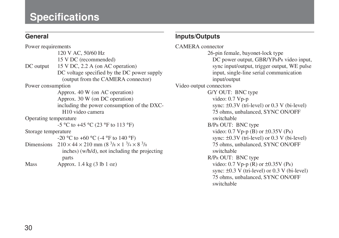 Sony CMA-H10 operating instructions Specifications, General, Inputs/Outputs 