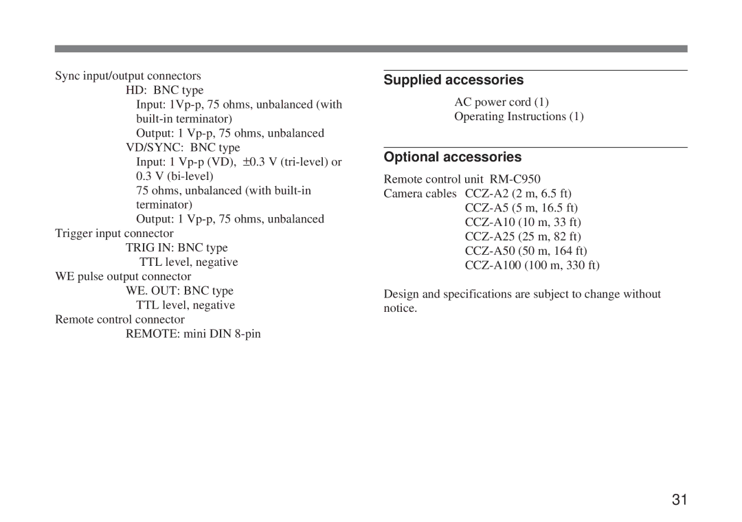 Sony CMA-H10 operating instructions Supplied accessories, Optional accessories 