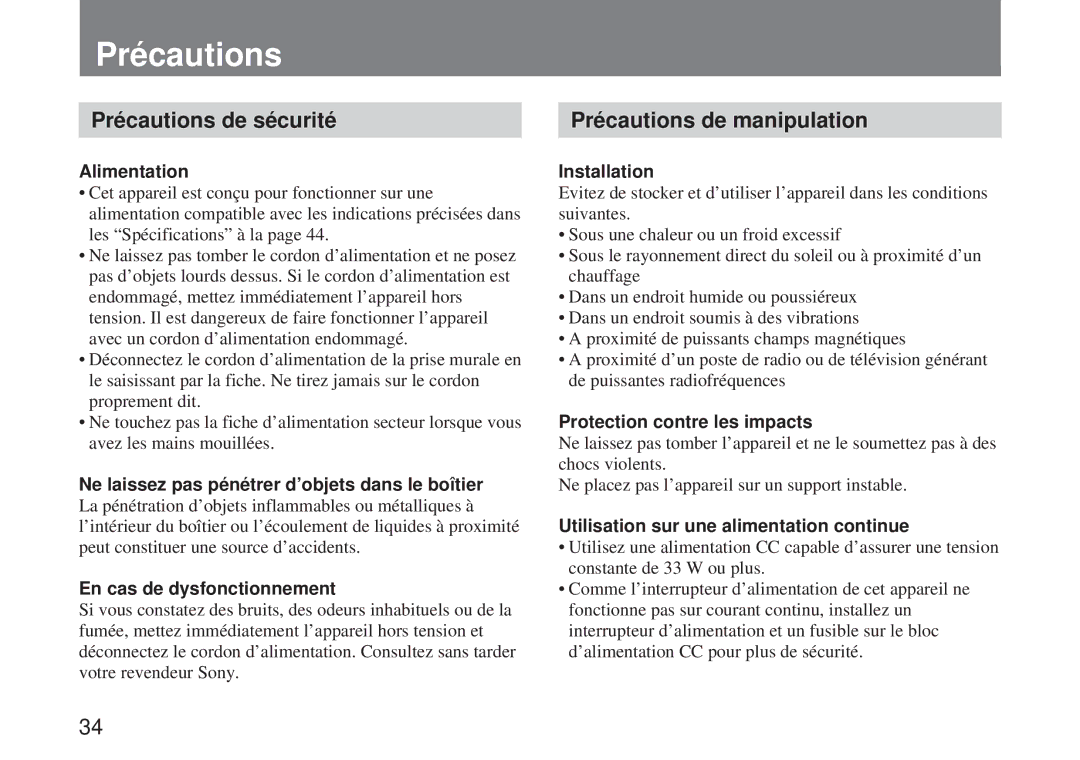 Sony CMA-H10 operating instructions Précautions de sécurité, Précautions de manipulation 