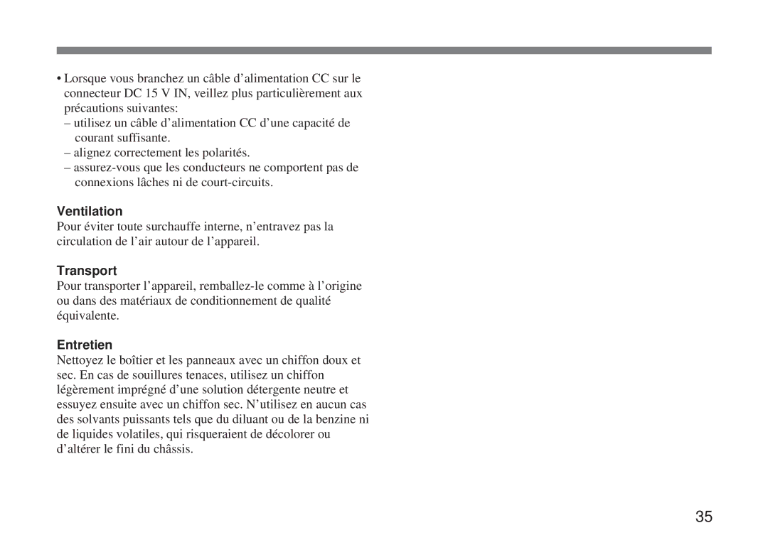 Sony CMA-H10 operating instructions Transport, Entretien 