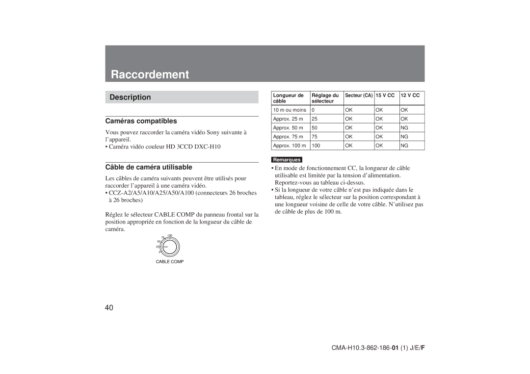 Sony CMA-H10 operating instructions Raccordement, Description, Caméras compatibles, Câble de caméra utilisable 