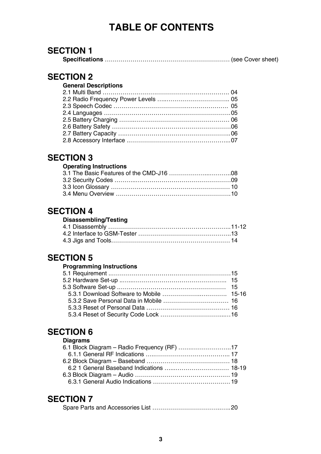 Sony CMD-J16 specifications Table of Contents 