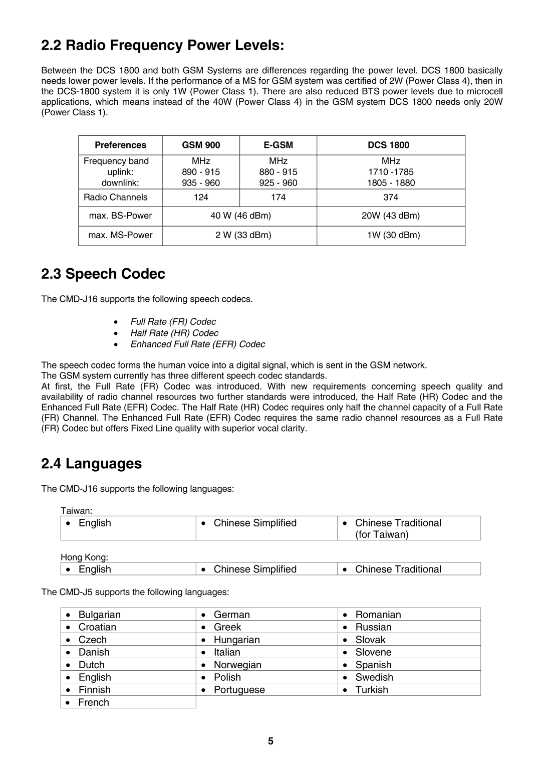 Sony CMD-J16 specifications Radio Frequency Power Levels, Speech Codec, Languages, Preferences GSM, Dcs 