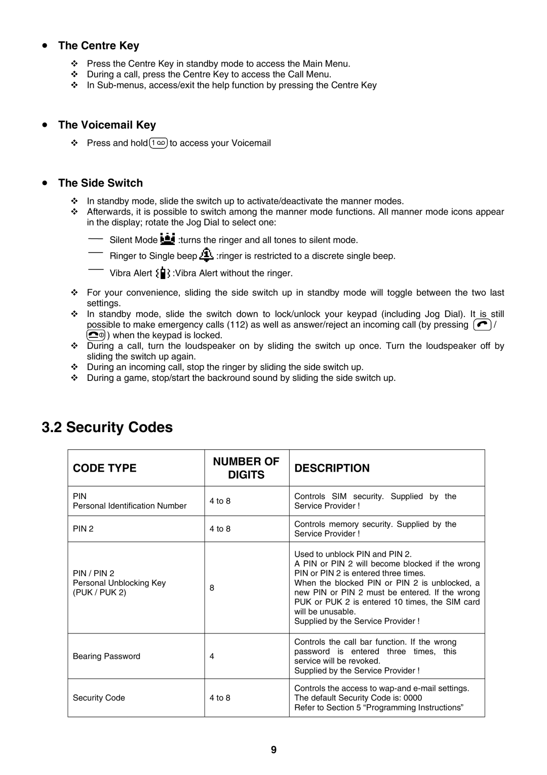 Sony CMD-J16 specifications Security Codes, Centre Key, Voicemail Key, Side Switch 