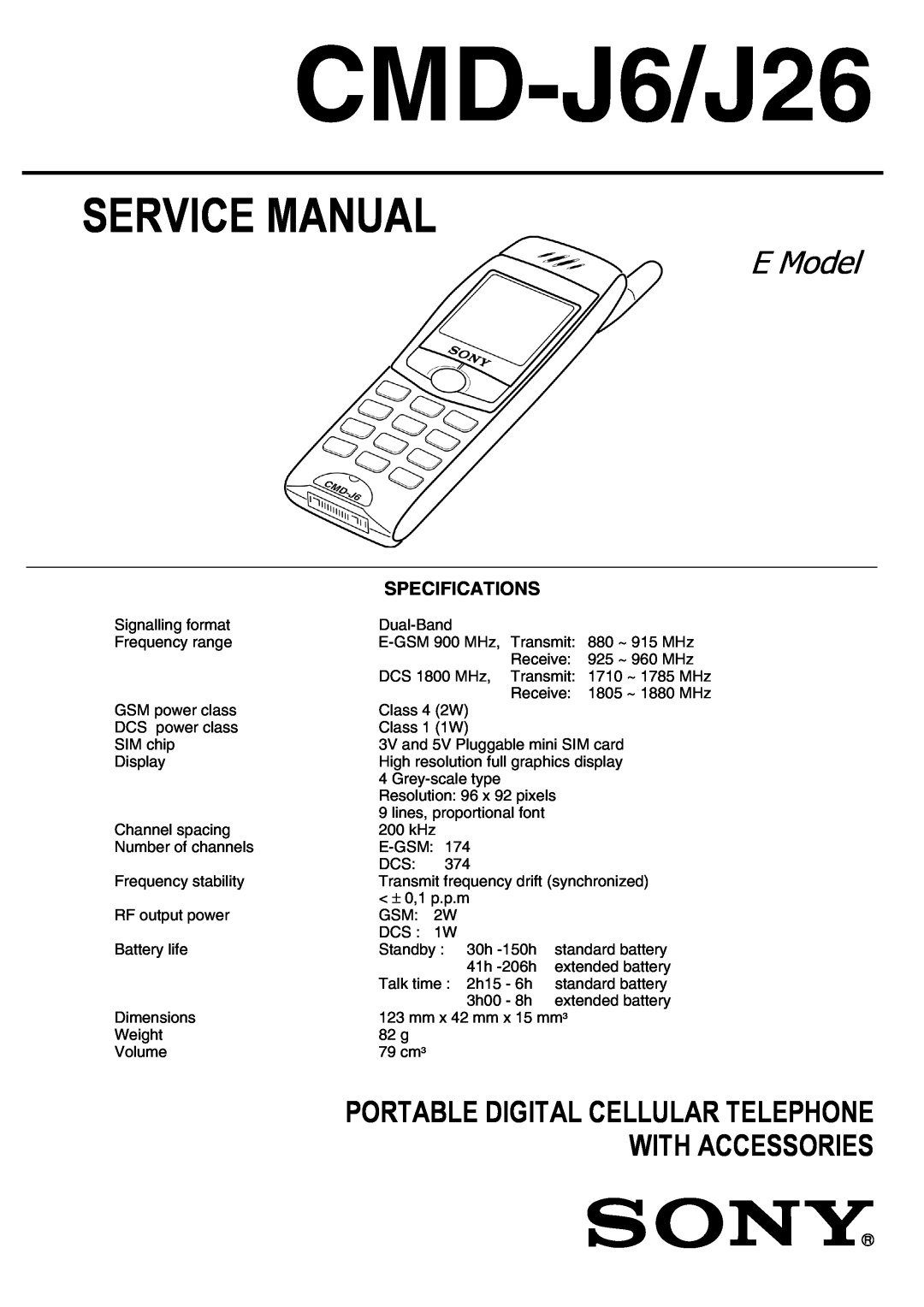 Sony CMD-J26 specifications Service Manual, E Model, Portable Digital Cellular Telephone With Accessories, $/$01, $%#$ 