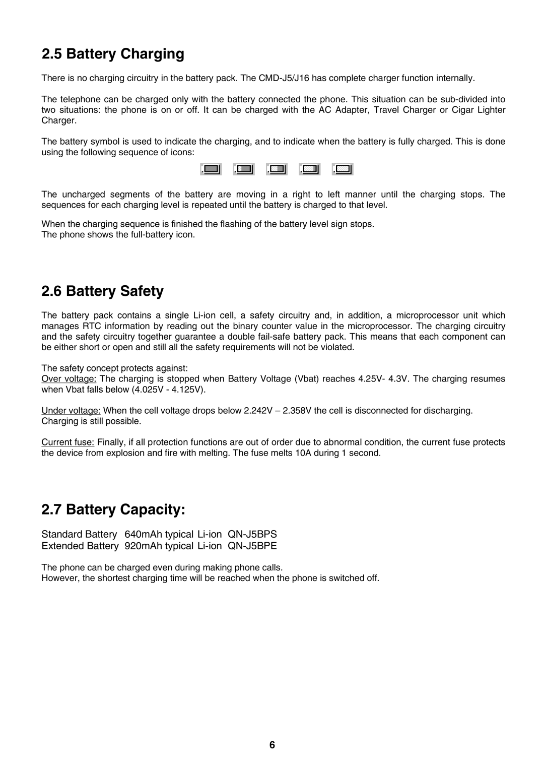 Sony CMD-J5/J16 specifications Battery Charging, Battery Safety, Battery Capacity 