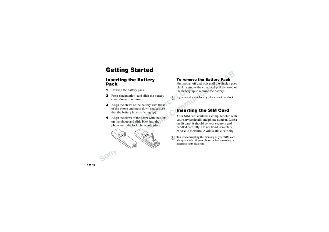 Sony CMD-J70 manual Inserting the Battery, SIM Card, To remove the Battery Pack a 