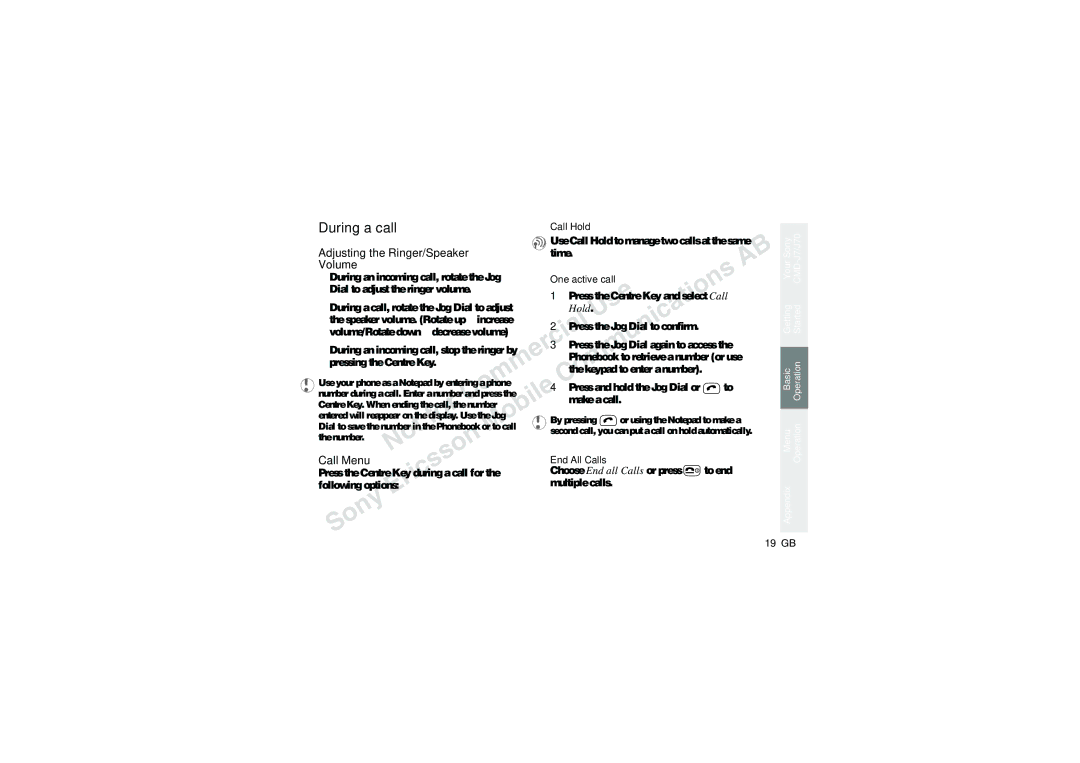 Sony CMD-J70 manual During a call, Adjusting the Ringer/Speaker, Volume, Call Menu 