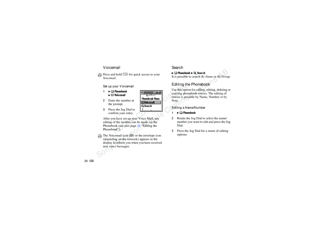 Sony CMD-J70 manual Voicemail Search, Editing the Phonebook, Set up your Voicemail, ‘ Phonebook „ Search, § Voicemail 