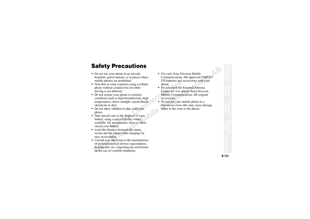 Sony CMD-J70 manual Safety Precautions, Do not expose your phone to extreme 